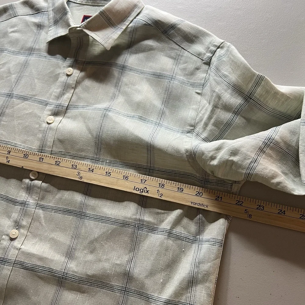 Untuckit Mens Slim S Masaccio WR Linen Cream Navy Plaid Long Sleeve Button Shirt